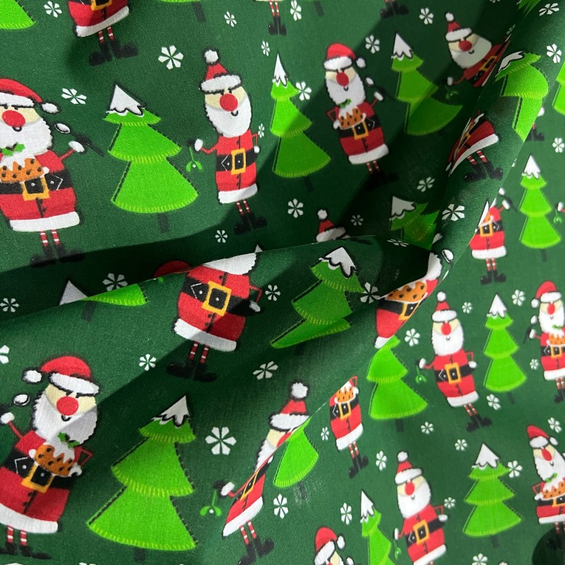 Cotton Christmas Prints Santa Green 2