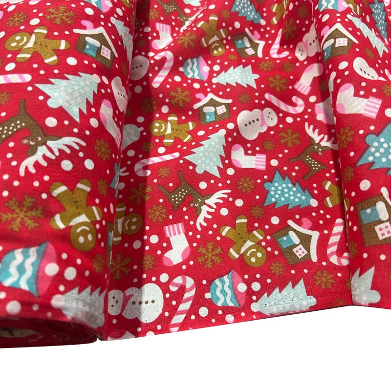 Cotton Christmas Prints Canes and Christmas Tree Red1