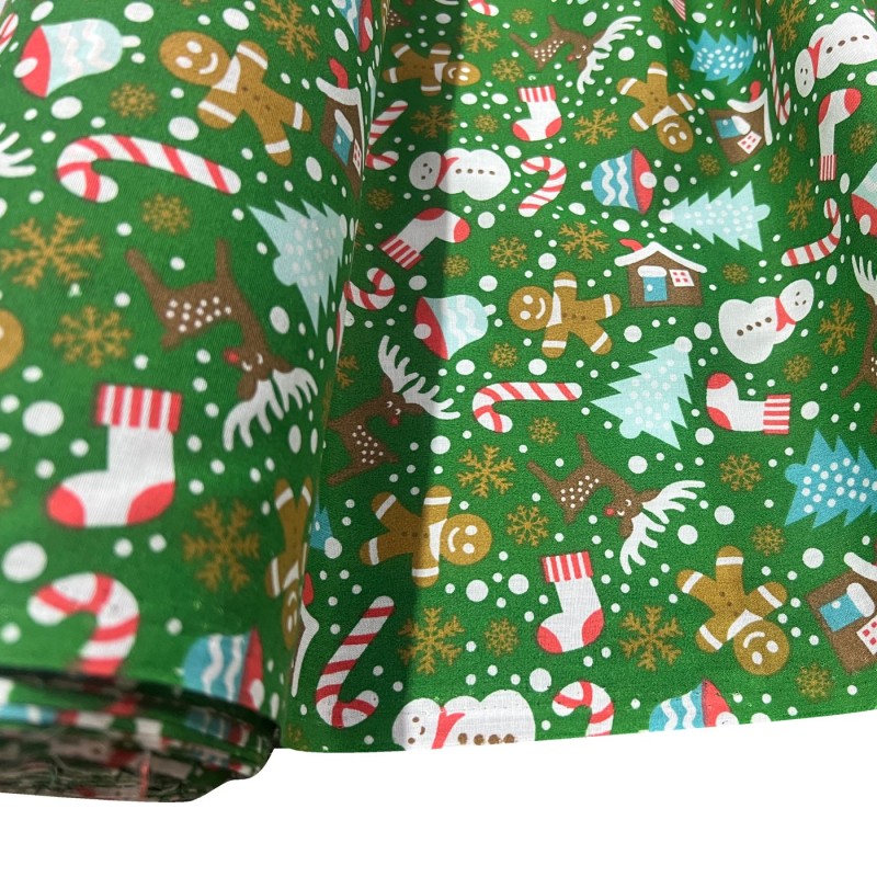 Cotton Christmas Prints Canes and Christmas Tree Green1