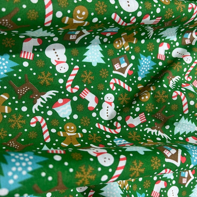 Cotton Christmas Prints Canes and Christmas Tree Green2