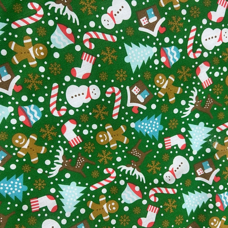 Cotton Christmas Prints Canes and Christmas Tree Green3