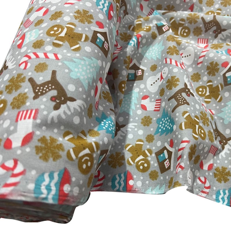 Cotton Christmas Prints Canes and Christmas Trees Grey 1