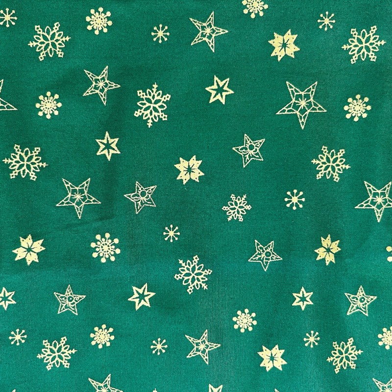 Cotton Christmas Prints Stars and Flakes Green3