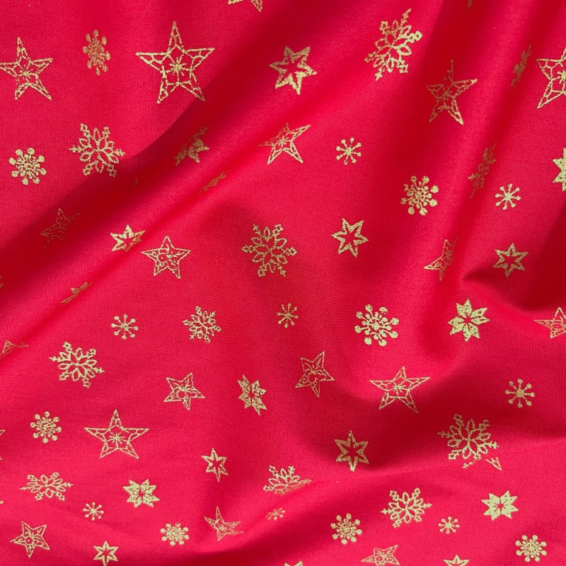 Cotton Christmas Prints Stars and Flakes Red2