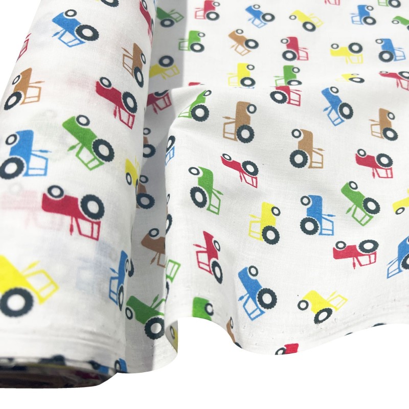 Printed Polycotton Designs White With Tractors 1