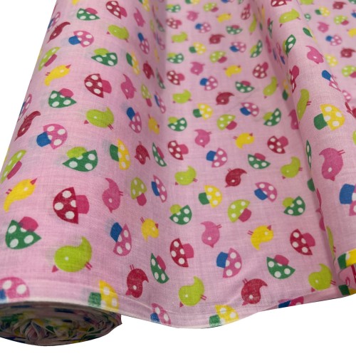 Polycotton birds and mushrooms Pink1