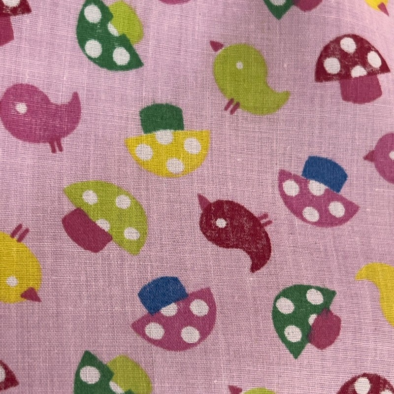 Polycotton birds and mushrooms Pink3