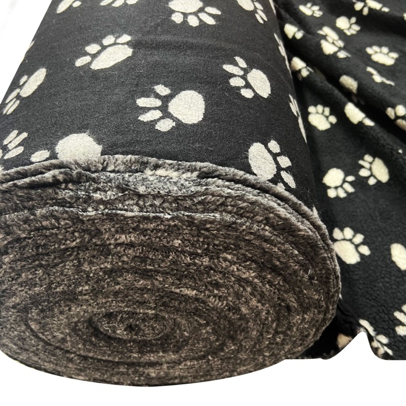 Sherpa Fleece Fabric Paw Prints Black Ground White Paws1