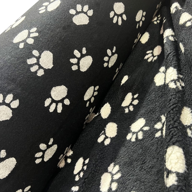 Sherpa Fleece Fabric Paw Prints Black Ground White Paws2