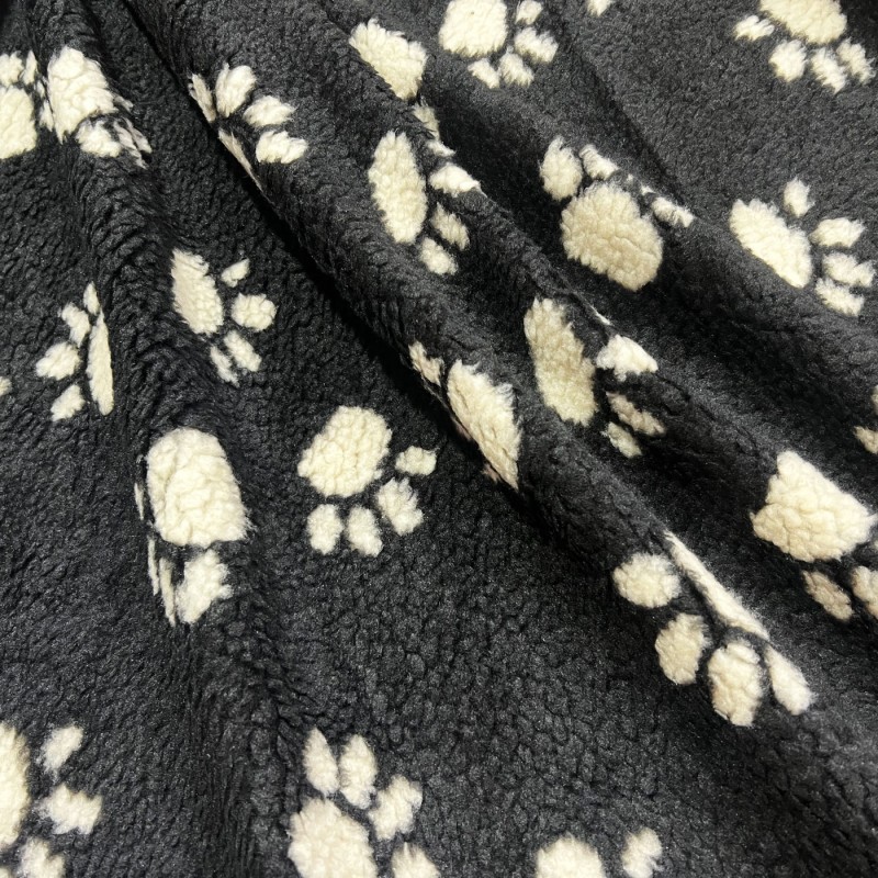 Sherpa Fleece Fabric Paw Prints Black Ground White Paws3