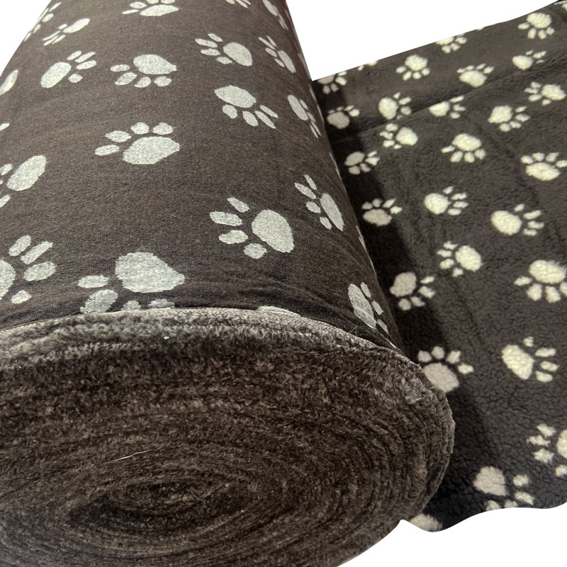 Sherpa Fleece Fabric Paw Prints Brown Ground White Paws1