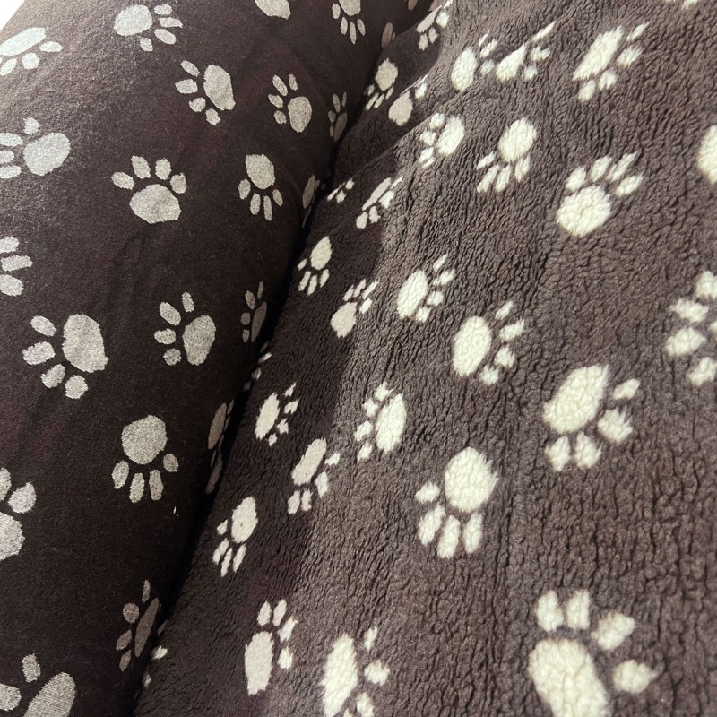 Sherpa Fleece Fabric Paw Prints Brown Ground White Paws2