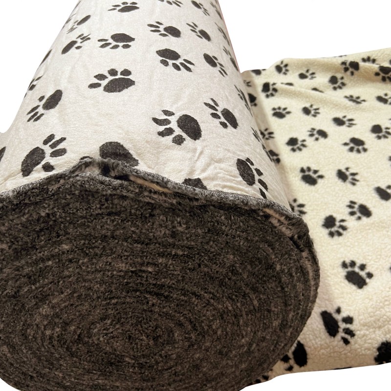 Sherpa Fleece Fabric Paw Prints Cream Ground Black Paws1