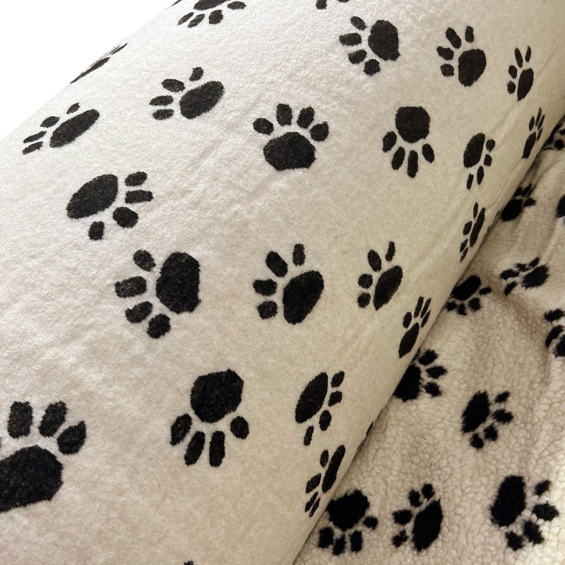 Sherpa Fleece Fabric Paw Prints Cream Ground Black Paws2