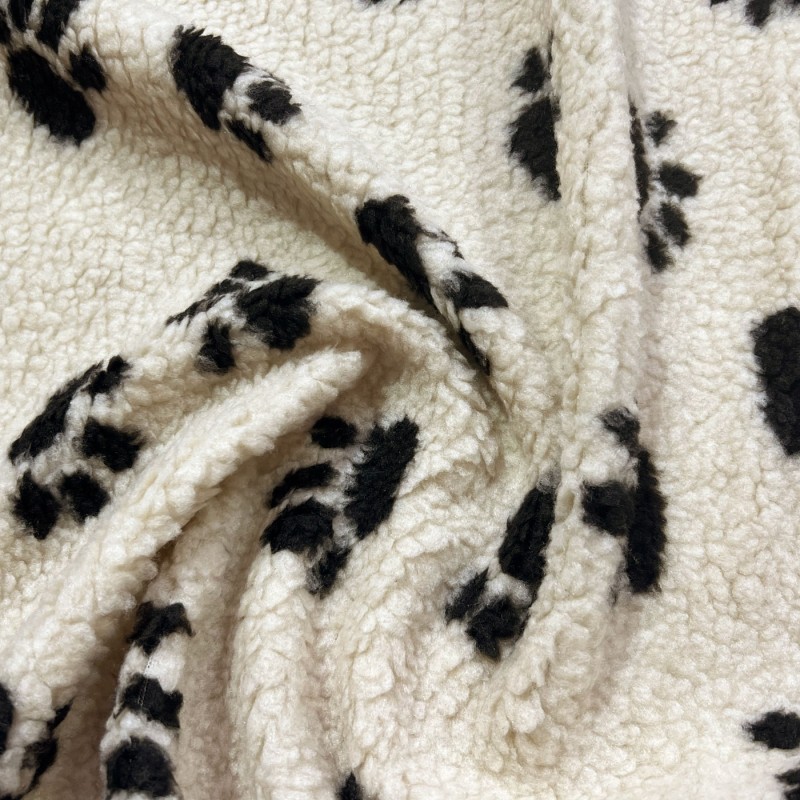 Sherpa Fleece Fabric Paw Prints Cream Ground Black Paws4