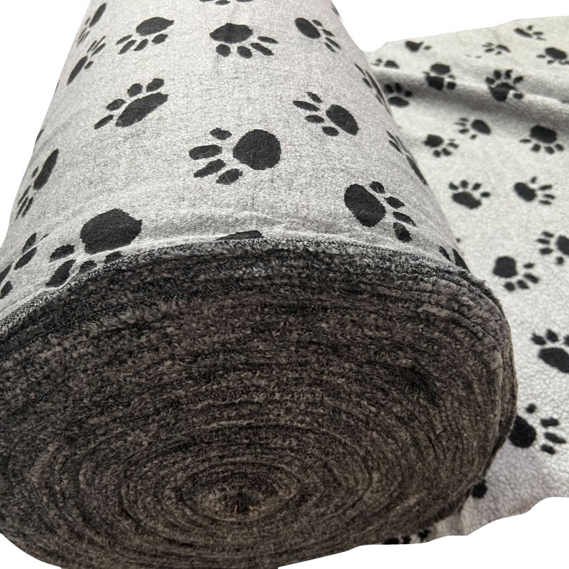 Sherpa Fleece Fabric Paw Prints Grey Ground Black Paws1