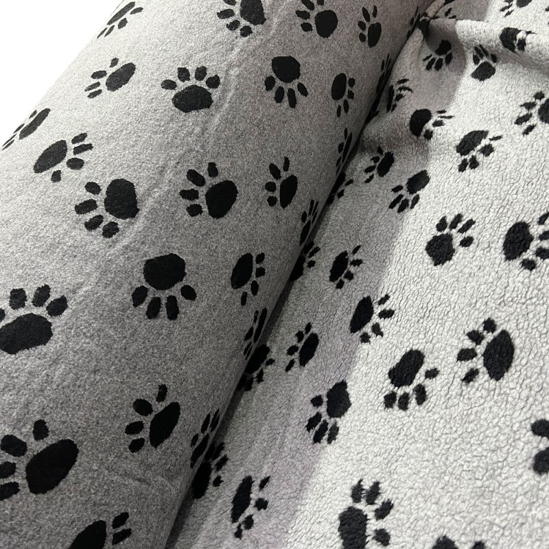 Sherpa Fleece Fabric Paw Prints Grey Ground Black Paws2