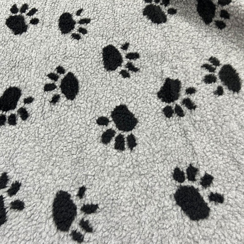 Sherpa Fleece Fabric Paw Prints Grey Ground Black Paws3