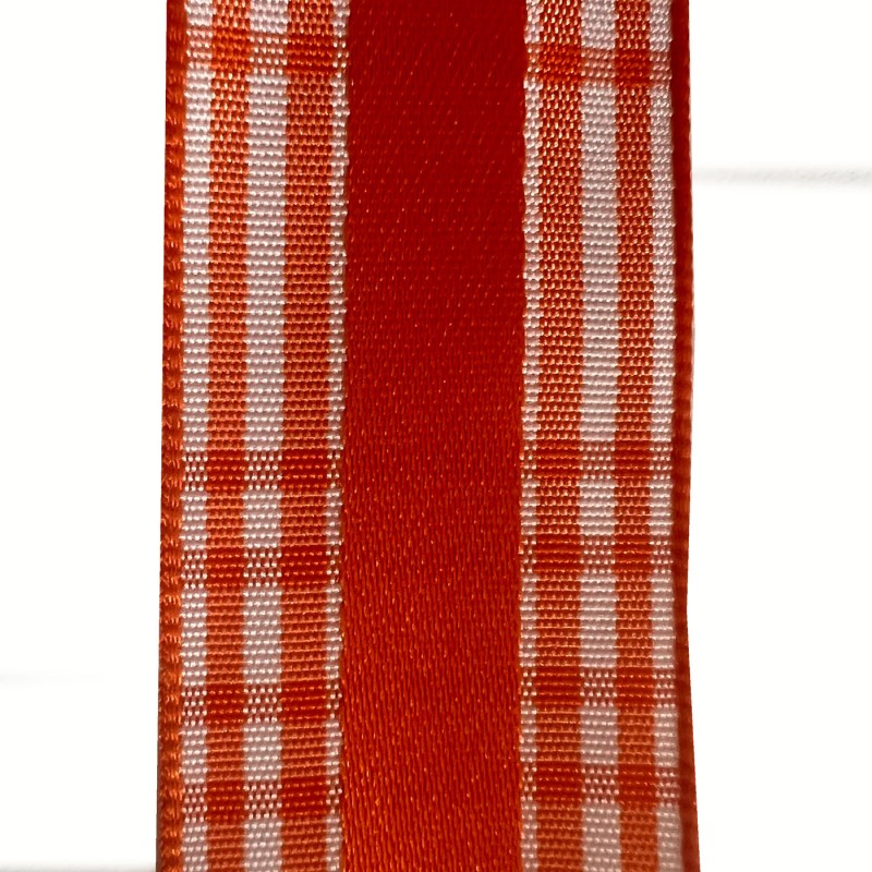 Printed Satin Ribbon Orange Check 3