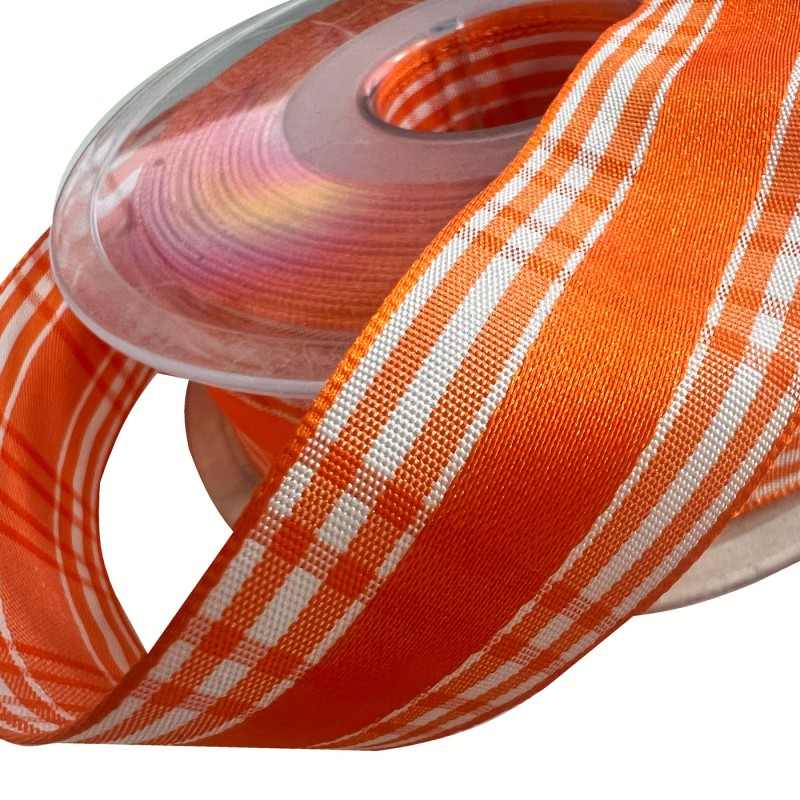 Printed Satin Ribbon Orange Check 4