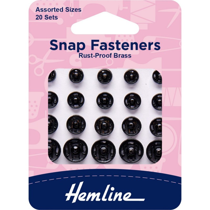 Snap Fasteners Rust-Proof Brass Assorted Sizes Black 20 Sets