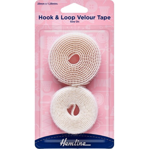 Hook & Loop Velour Tape Sew On 20mm x 1.25mtrs White 1.25m/1.35yds