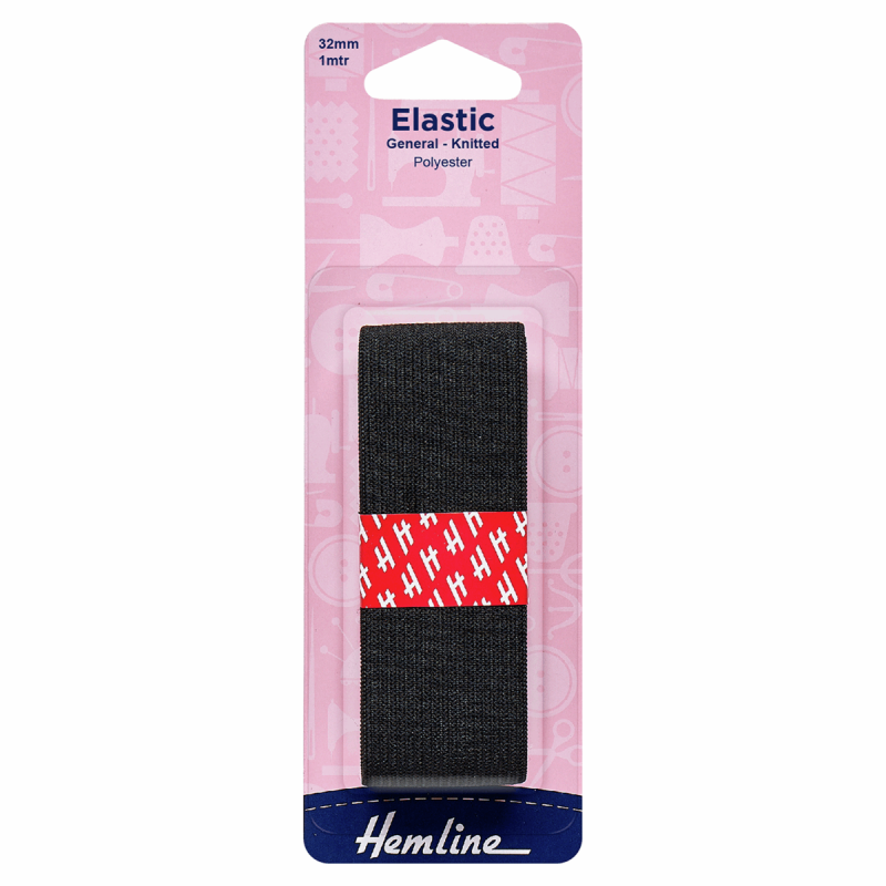 General Purpose Knitted Elastic: 1m x 32mm Black